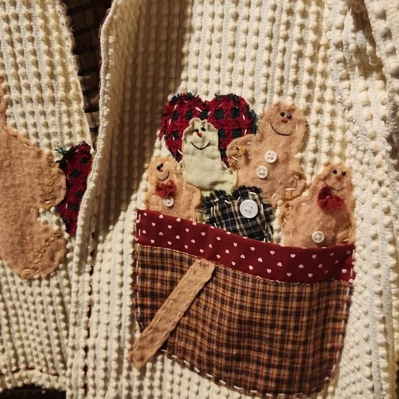 Womens Christmas, Holiday, Gingerbread Embroided Festive Open Textured Cardigan - Picture 3 of 9